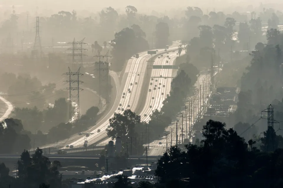 Hazy view of Interstate 5 freeway in Los Angeles, California.